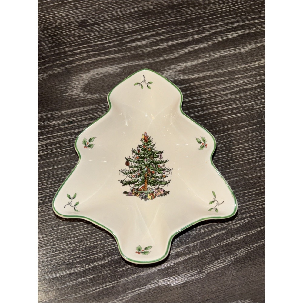 VTG Spode England Christmas Tree Shaped Scalloped Candy Dish S3324-A17Green Trim